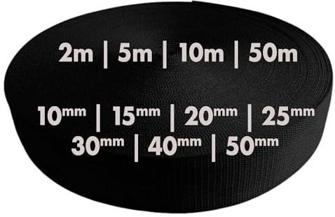 Gurtband 2m 5m 10m 50m, 50 Farben, Breite 10mm 15mm 20mm 25mm 30mm 40mm 50 mm Taschengurt Polypropylen Ideal für DIY-Projekte, Handarbeiten (580) Schwarz, 40mm x 2m