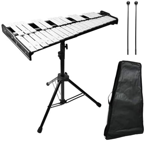 Julymoda Glockenspiel mit 32 Tönen, Xylophon-Glocken-Set, Percussion-Instrumente mit verstellbarem Höhenständer, Glockenspielstab, Schlägel und Tragetasche, Xylophon-Glocken-Percussion-Instrumente für