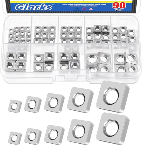Glarks Set di 90 dadi quadrati in acciaio al carbonio M3 M4 M5 M6 M8 304 acciaio inox quadrato sottile dado quadrato macchina dado vite vite metrico grossolano kit assortimento