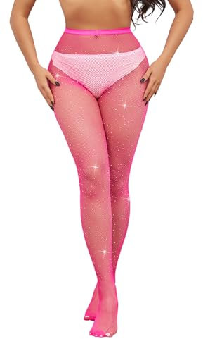 Simply Joshimo Collants résille colorés pour femme avec strass brillants/cristaux, rose fluorescent, Taille unique