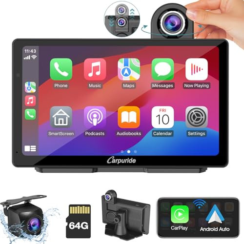 Carpuride W703 Portable Wireless Carplay & Android Auto with Dash Cam-7 HD IPS Screen, 4K Front Cam & 1080P Backup Cam, Loop Recording,Bluetooth,Mirror Link,GPS,Siri,Play Music,Dashboard Mounted