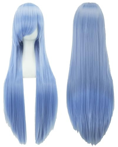 IMISSU 80 cm langes glattes Naturhaar Cosplay Perücken mit Pony Bunt Halloween Kostüm Party Perücke Haarverlängerungen (Elf Blau)