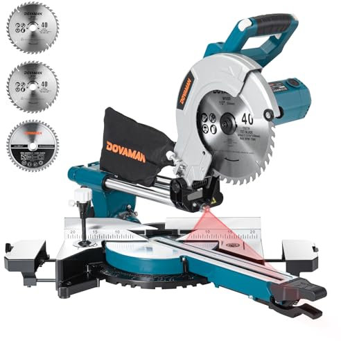 DOVAMAN Troncatrice, 2000W Troncatrice Radiale, 3 Lame per Legno, 3200/5000 RPM, Funziona con Mano Sinistra/Destra, Guida Laser, Taglio Max 90 x 340mm, 9 Fermi Positivi - DMS01A