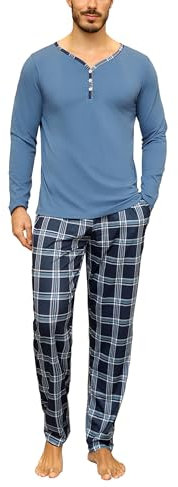 Irdcomps Schlafanzug Herren Lang Pyjama Baumwolle Nachtwäsche Set Männer Karierter mit Knöpfen Blau XL