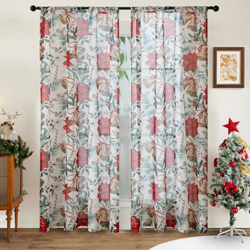 BROSHAN Transparente Weihnachtsvorhänge, 160 cm lang, 2 Paneele, Weihnachtsdekoration, Vorhänge mit Weihnachtssternen, Glocken, gemustert, Winterurlaub, Wohnzimmer, Lichtfiltervorhang, Vorhänge