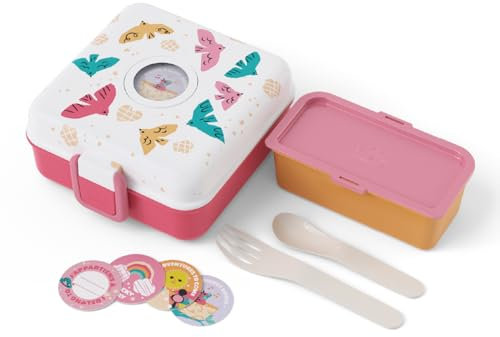 monbento - Fiambrera Sandwich Niños Snacky rosa Birds - Caja Merienda para Bocadillo Integral - Cubiertos incluidos - Fiambrera Personalizada Infantil - Ideal para el Cole/Picnic - Sin BPA - Pájaros
