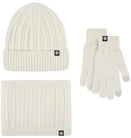 MüTze Damen Winter Mit Schal Winter Verdickte Warme Mütze Schal Handschuh Gestrickte DREI Stück Set MüTze Damen Winter Mit Fleece (White, One Size)