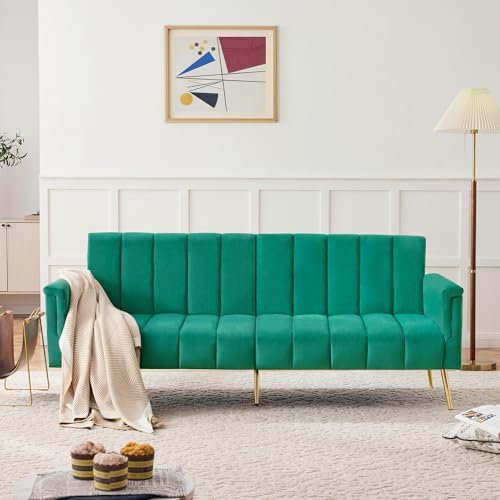 Ymkua Klappbares Schlafsofa mit Schlaffunktion, Doppelsofa Polstersofa, Sofa Bettsofa mit Hilfsfüßen, Modern Couch für Wohnzimmer, Schlafzimmer, Heimkino, Gästezimmer, Samtstoff, 183x76x75cm (Grün)
