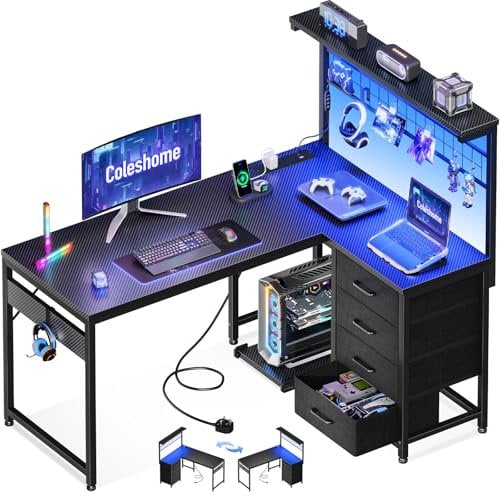 Coleshome L Shaped Gaming Desk with Drawers & Shelf, 110 × 80 cm Reversible Corner Computer Desk with LED Lights & Power Outlets, Gaming Table with Hook, Carbon Fiber Black
