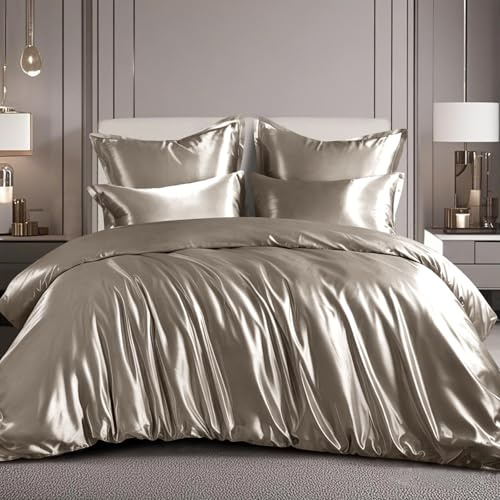 RUIKASI Satin Bettwäsche 220x240 Taupe - Seidig Luxus Bettbezug mit Glanz wie Seiden Bettwäsche Set Braun für Haar und Haut, Glänzend Bettwäsche 220x240cm mit Reißverschluss und Kissenbezug 80x80cm