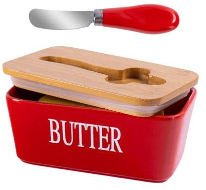 Beurrier en céramique avec couvercle et couteau pour comptoir, plateau couvert pour bâtonnets de beurre, récipient de rangement pour réfrigérateur (rouge)