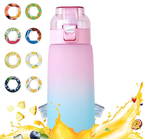 PZCC Air Gourde Up 600ML, Bouteille Air Gourde Up Sport Paille avec 8 Pods de Gout Gourde Aromatisée Air Gourde Up PC Water Bottle Fitness (Bleu-Rose)