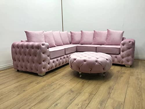 Luxuriöses, modernes rosa Plüsch-Ecksofa mit 5-Sitzer-Rückenlehne gepolstert mit Samt Ashley Chesterfield Sofa für Wohnzimmer