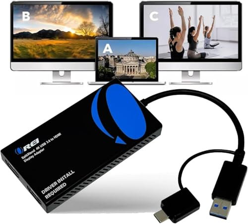 OREI SplitExtend 4K HDMI Splitter Extended Display for Dual Monitor - Multi-Monitor Display 3 Separate Screens - USB A & USB-C Adapter to HDMI 2.0, 4K@60hz, DisplayLink Driver MacOS, Windows