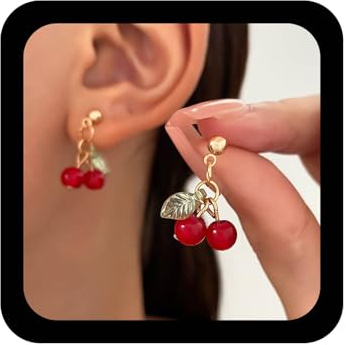 Aneneiceera Vintage Winzige Rote Kirsche Ohrringe Rote Perle Baumeln Ohrring Baumelnden Kirsche Ohrring Obst Lustige Ohrringe Schmuck Für Frauen