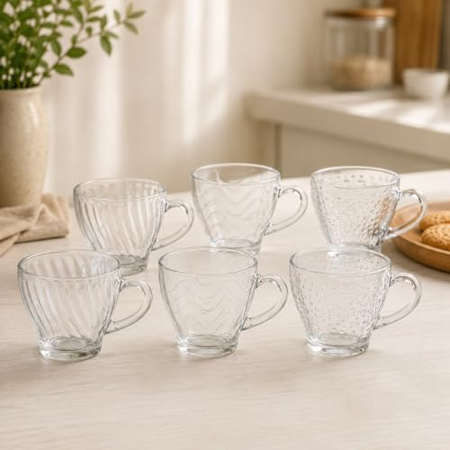 MA MAISON Tazzine in Vetro Fantasia per Caffè Set 6 Bicchierini con Manico - Mantiene il Calore, Senza Condensa, per Latte - Trasparenti dea Regalo Confezioni da 6 pz Assortite