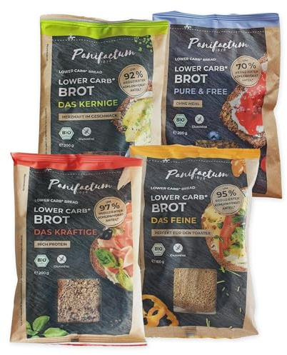 Panifactum Brot Probierpaket, Set mit 4 Low Carb BIO-Broten, 760 g | Ketogene Ernährung, Getreide-, Soja-, Hefe-, & Glutenfrei, Sättigend & Kohlenhydratreduziert, für Frühstück & Abendessen