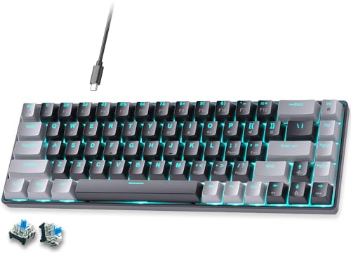 abucow 65% Mechanical Keyboard,Blue Switch Wired Compact 68 Keys Gaming Keyboard with Blue Backlight, Swappable Black Gray Keycaps, for Windows/Mac