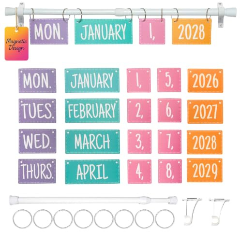 Calendrier magnétique à rabat pour salle de classe – Tableau d'affichage arc-en-ciel avec support, 54 cartes de date et support réglable – Décoration de salle de classe pour enseignants et maison