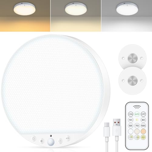 Akku Deckenlampe mit Bewegungsmelder Innen,6W Aufladbare LED Deckenleuchte Badezimmer mit Fernbedienung,Ohne Stromanschluss,Batteriebetriebene Kabellose Lampe für Schrank,Bad,Garage und Flur,1 Stück | Keine Verkabelung, magnetische Akku-Deckenleuchte mit Fernbedienung für kleine Räume, 5 Helligkeitsstufen und 3