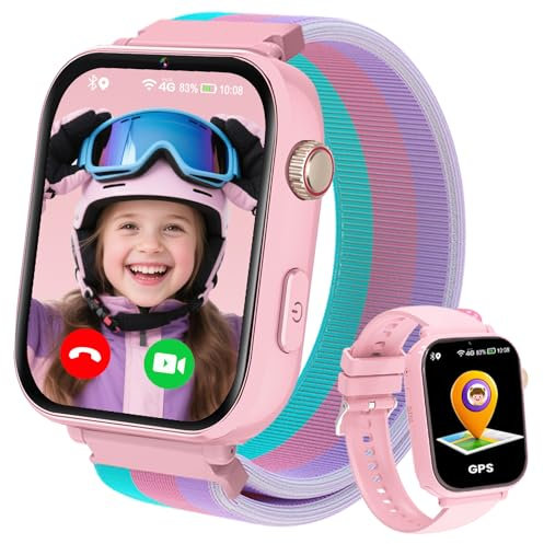 Montre Connectée Enfant 4G GPS - Smartwatch Téléphone Pour Fille Garçon avec SOS, Chat, Appel Vidéo, WiFi, Mode Classe, Réveil, Caméra, Jeux, Montre Intelligente Enfants Cadeau 4 à 12 Ans, Rose Pâle
