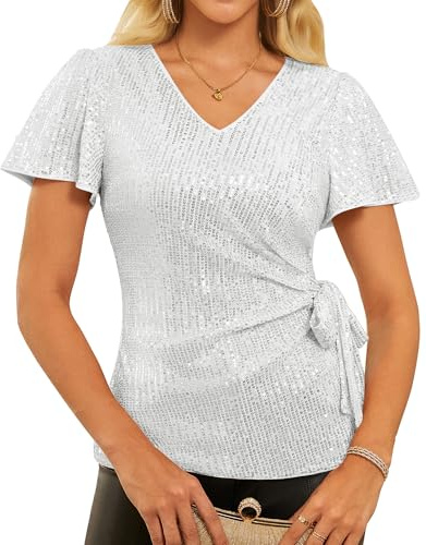 GRACE KARIN Damen Pailletten Oberteil Elegantes Glitzer Kurzarm Blusen | Glitzer Oberteile Damen Pailletten Tops Festlich Party Bluse V-Ausschnitt Reißverschluss kurze Volantärmel