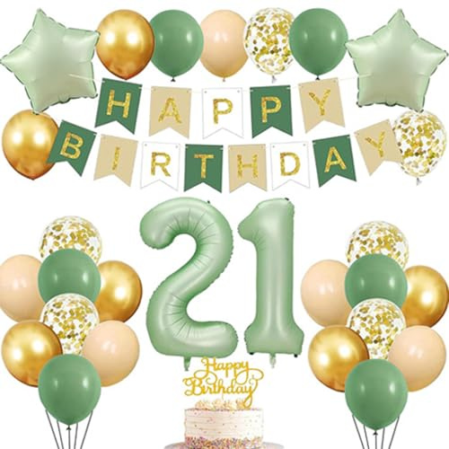 21st Birthday Decorations,Sage Green Gold 21st Birthday Balloons, Banner, Cake Topper for Boys Girls 21 Year Old Party Decorations