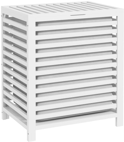 HOMCOM Cesto para Ropa Sucia de Bambú 55L con Tapa 50x36x60 cm Blanco | Cesta para la Colada, 2 Asas, Bolsa Extraíble, Forma Rectangular