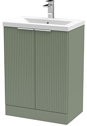 Balterley Vanity Unit with Basin Floor Standing, Soft Close 2 Door with Mid Edge Sink, Bathroom Vanity Units with Basin, Fluted Front Sink Cabinet - 610 x 390 x 850mm (Green)