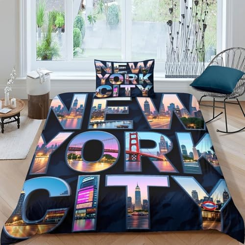 New York City Bettwäsche Set Weiche Mikrofaser Bettbezug Mit 3D Kreative Worte-Muster Mit Reißverschluss & Kopfkissenbezug Für Minderjährige Und Erwachsene Single（135x200cm）