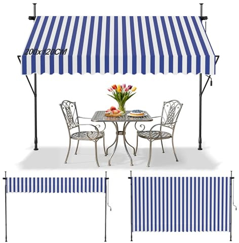 Suusolny Klemmmarkise ohne Bohren mit Handkurbel Balkonmarkise UV-Schutz Markise höhenverstellbar Sonnenschutz wasserabweisend für Balkon Terrasse Garten - BlauWeiß Gestreifter - 200x120cm