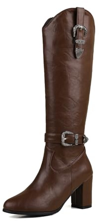 TNMIUH Stivali da Donna al Ginocchio con Tacco Largo, Pelle, Fibbia Decorativa Western, Zip Laterale, Stivali Invernali Casual, Nero e Marrone,Marrone,40 EU