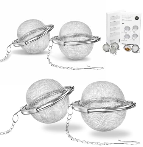 Stück Teesieb 4,5 cm Teeei mit Kette 304 Edelstahl Teefilter für losen Tee | feinmaschiger Teefilter mit Kette (4.5 cm Ø) (4er-Set | Silber)