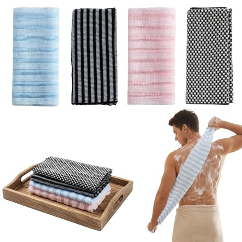 GvRfniT Peeling Duschtuch, 4 Stück Rückenschrubber für Tiefenreinigung, Extra Langes Duschhandtuch mit Doppelseitiger Textur, Peeling Waschlappen für Frauen und Männer