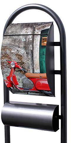 Banjado® Stand Briefkasten in Hammerschlag-Optik in Größe 150x47x22cm mit Motiv Italienischer Roller - Briefkasten mit Standfuß/Postkasten freistehend als Standbriefkasten mit Zeitungsfach