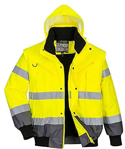 Portwest C465 Hi-Vis 3-in-1 Waterproof Contrast Hooded Bomber Jacket with Pockets - Reflective Outdoor Safety Security Workwear Coat, Yellow/Grey, XXL