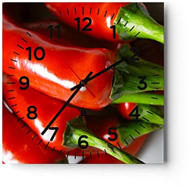 Modern Wanduhr Gemüse würzig Chili 30x30cm Quadrat Klein Wand Uhr Glas Analog Zimmeruhren Küche Büro Wohnzimmer Glasuhr Wall Clock Dekoration Design Wanddekoration Küchenuhr C4AC30x30-1135