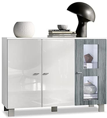 Vladon Sideboard Denjo, Made in Germany, Kommode mit 3 Türen, Weiß matt/Weiß Hochglanz/Avola-Anthrazit, inkl. LED-Beleuchtung (107 x 81 x 35 cm)