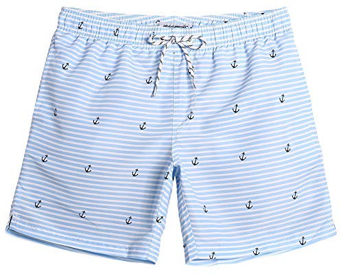 MaaMgic Badehose für Herren Jungen Badeshorts für Männer Schnelltrocknend Surfen Strandhose Surf Shorts mit Mash-Innenfutter MEHRWEG, Weiß Blau Anker, M