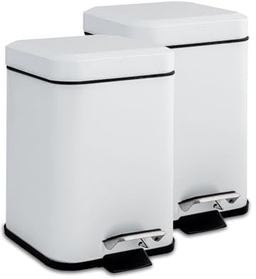 Harbour Housewares 3L Bathroom Bins - White - Pack of 2 - Square Stainless Steel Pedal Bin Slim Kitchen Rubbish Trash Can Garbage Dustbin with Lid and Inner Liner Bucket