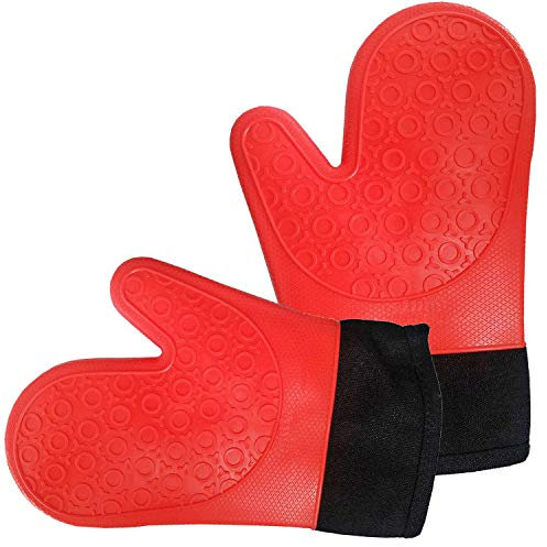 PREMYO Lot de 2 Maniques Cuisine Silicone - Gant Four Anti Chaleur - Antidérapant Doublure Coton Doux Rouge