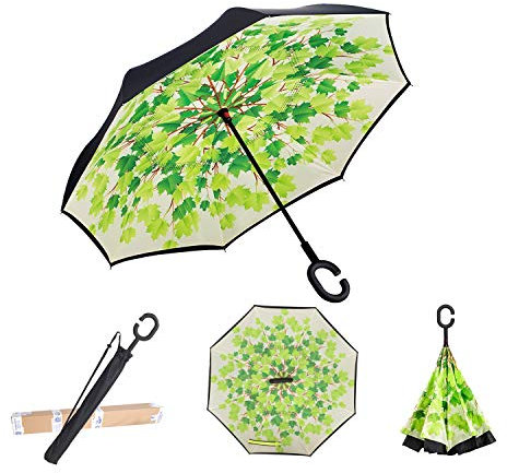 OAUSTAR Schirm invertiert/Reversible für Regen nasses Wetter, Double-Layer, winddicht Reverse Falten Regenschirm mit C-Formgriff, Hand frei, um Tragetasche (Blauer Himmel blau)