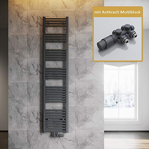 SONNI Badheizkörper 1800x400mm Handtuchtrockner Anthrazit 765 Watt Design Hantuchwärmer Heizung Mittelanschluss mit Anthrazit Multiblock Thermostat