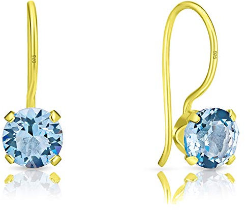 DTPsilver® Aretes de Colores - Pendientes Plata de Ley 925 Chapado en Oro Amarillo con Cristal Swarovski® Elements - Pendientes Semental Dorados - Diámetro: 6 mm - Color: Aguamarina