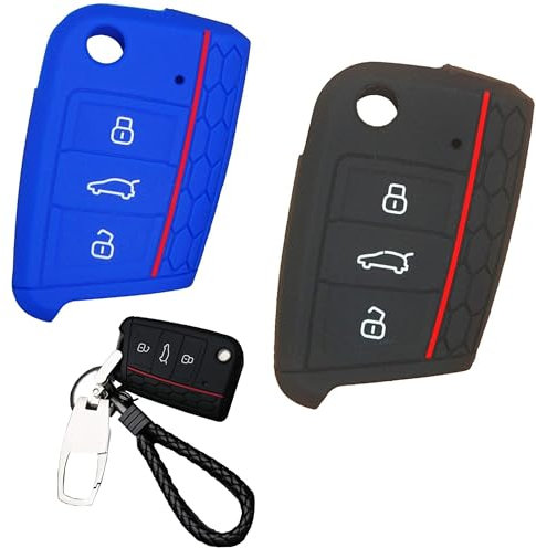 DXIA 2 Pièces Accessoire Clé de Voiture Compatible, Housse Etui en Silicone, Cas de Couverture de Clé de Voiture en Silicone, Coque de Protection Souple, Porte-Clés 3 Boutons pour VW Golf, Noir, Bleu