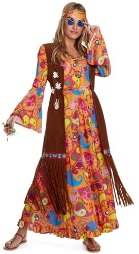 Morph Costume Hippie Donna Anni '70 – Vestito Lungo Psichedelico con Gilet a Frange e Fascia – Abito Carnevale Donna Hippy, Look Vintage Boho S