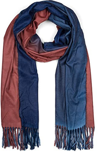 styleBREAKER Damen Schal mit 2-farbigem Farbverlauf und Fransen, warme Winter Stola mehrfarbig, Ombré Look 01017147, Farbe:Cognac-Dunkelblau