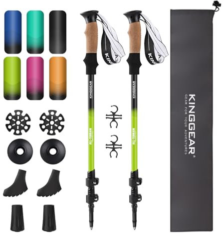 KINGGEAR Bastone da nordic walking TP1, bastoncini da trekking retrattili leggeri in alluminio 7075, bastoncini da trekking con chiusura a scatto, sughero naturale e impugnatura in EVA, 2 pezzi