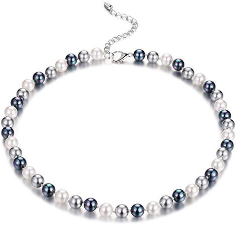 Bulinlin Damen Silber Muschel Perlenkette Boho Statement Strang Perlen Choker Halskette Modeschmuck Geschenke für Frauen(8mm Grey)
