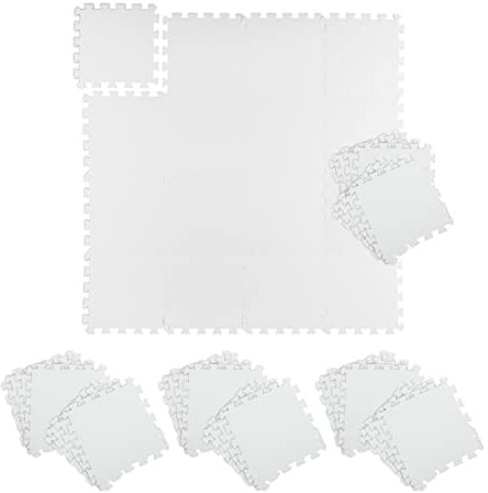 Relaxdays Bodenmatte, 48 Schutzmatten für Sport- & Fitnessgeräte, eingefasst, BxT je Fliese 30x30cm, 4,32m², weiß
